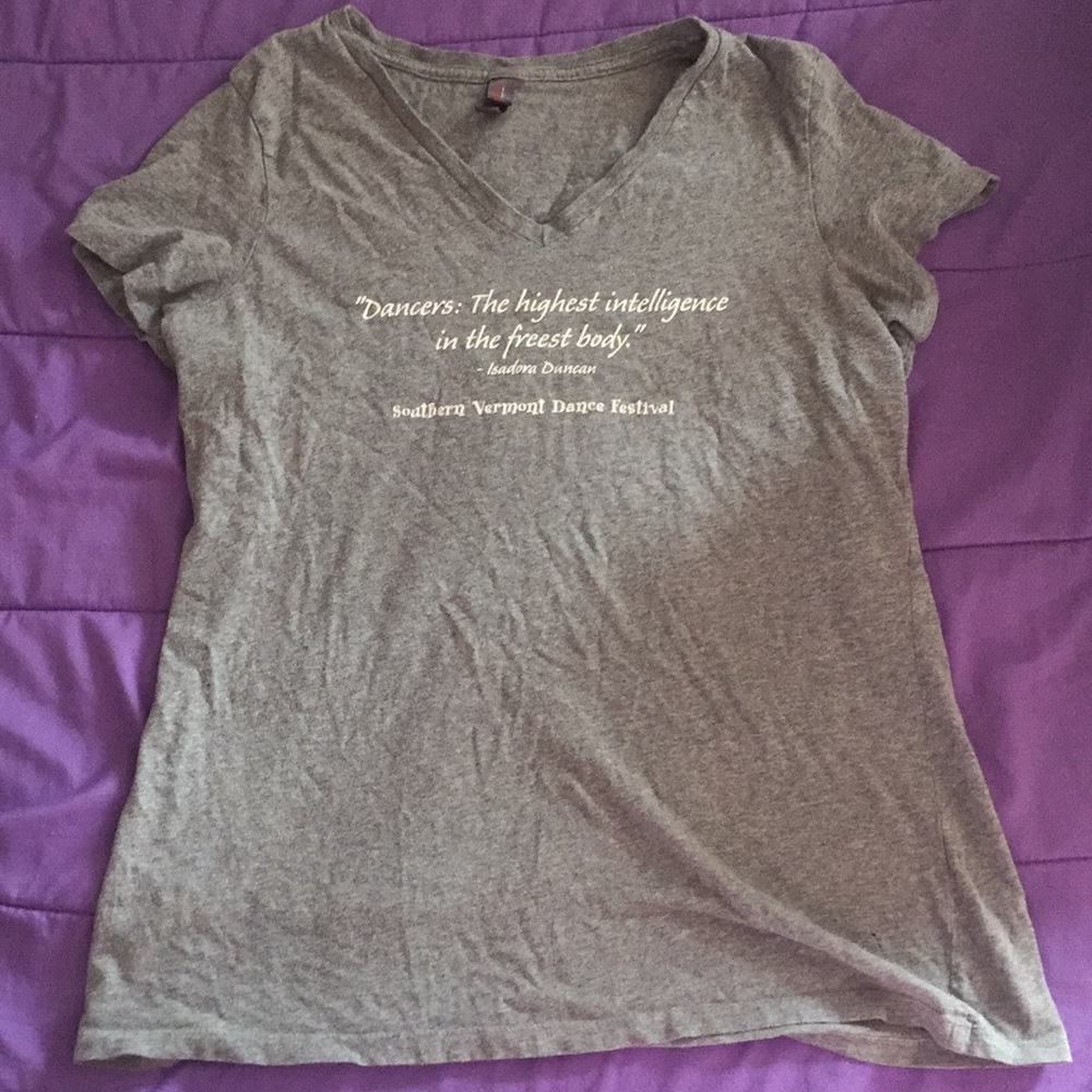 Gray V neck shirt with Dance quote Large